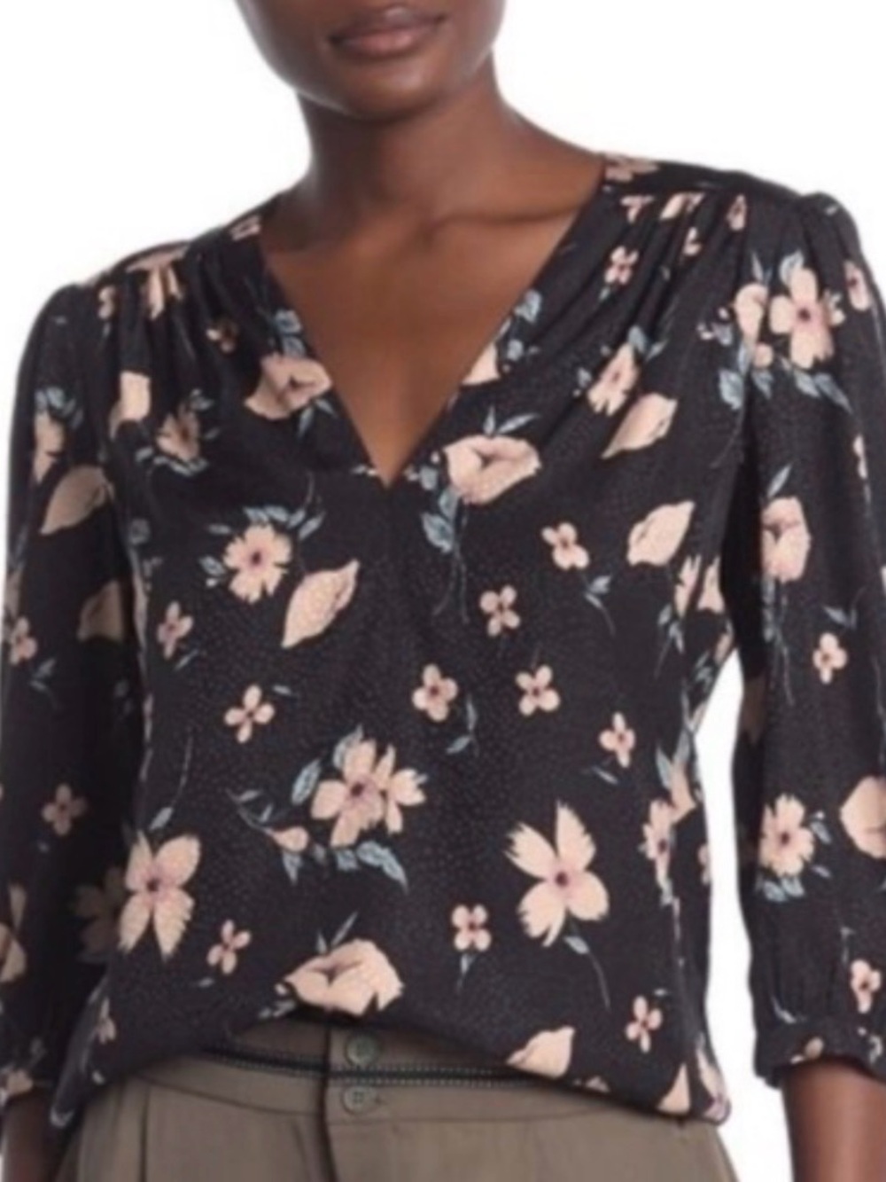 Rebecca Taylor Black Blouse with Blush Floral Print and Blue-Green Leaves